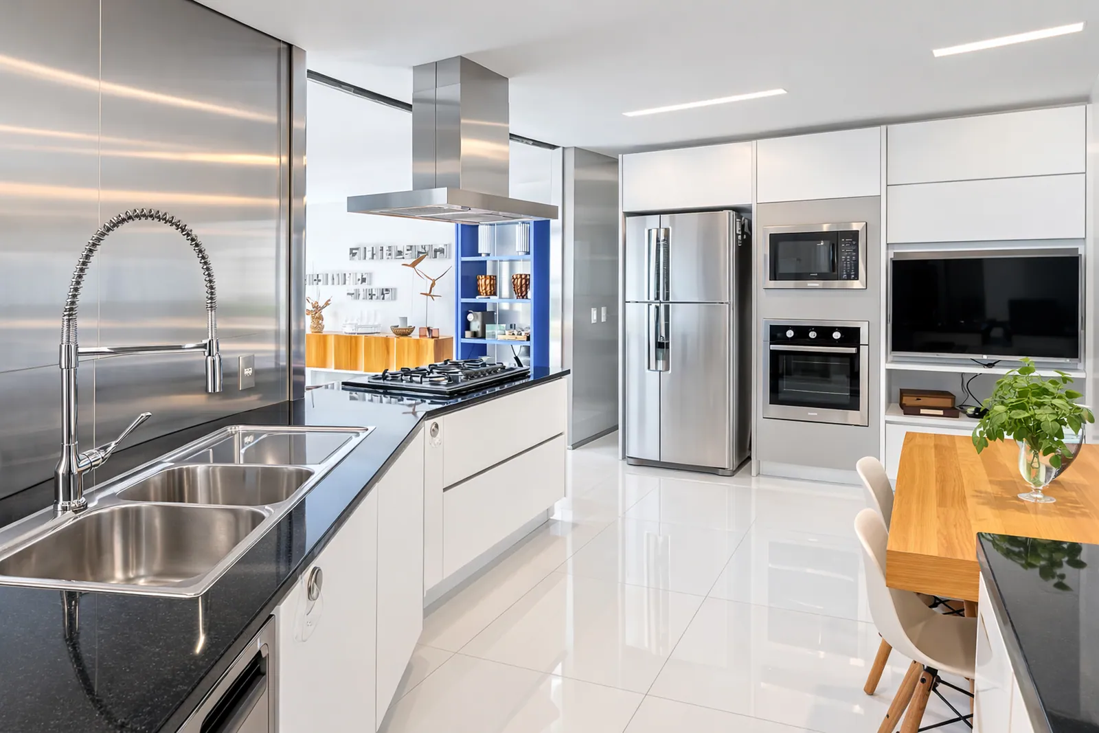 Kitchen in steel and white with island and hob