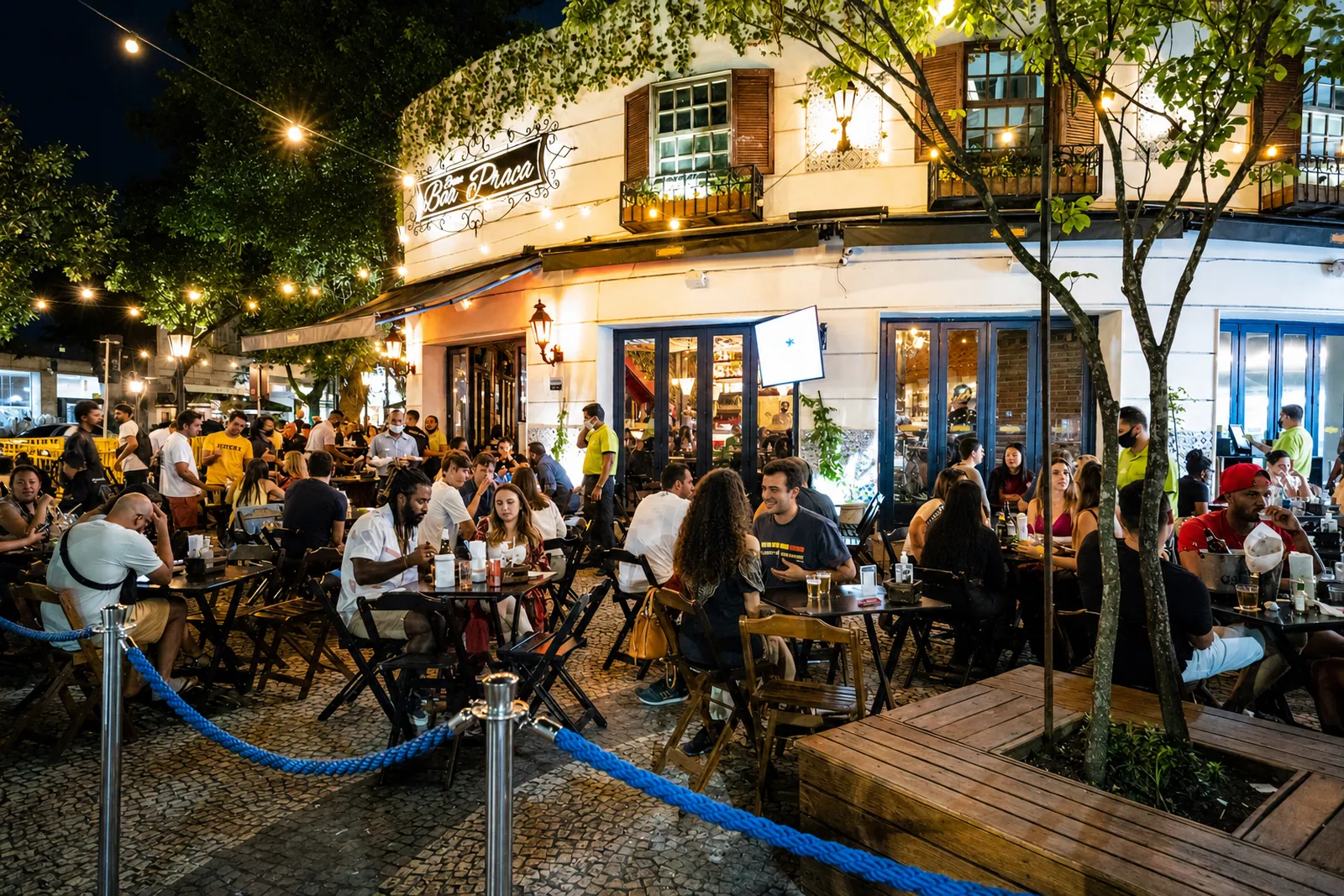 A café terrace filling up in the evening