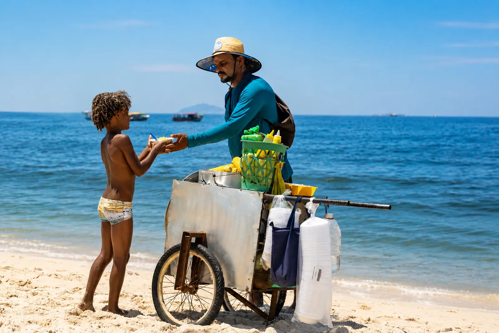 A beach vendor and a child at the water's edge